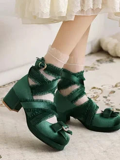 ROCOCO Style Lolita Footwear Black Lace Bows Ruffles Round Toe Nubuck Lolita Shoes