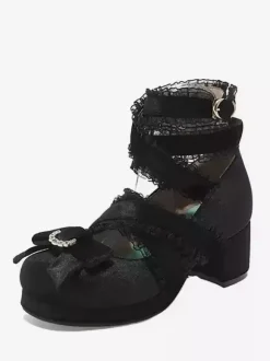 ROCOCO Style Lolita Footwear Black Lace Bows Ruffles Round Toe Nubuck Lolita Shoes