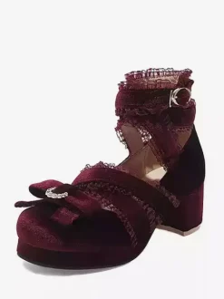 ROCOCO Style Lolita Footwear Black Lace Bows Ruffles Round Toe Nubuck Lolita Shoes