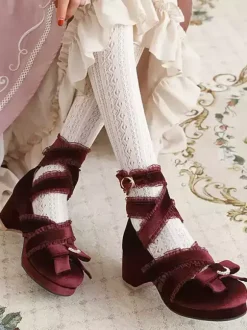 ROCOCO Style Lolita Footwear Black Lace Bows Ruffles Round Toe Nubuck Lolita Shoes