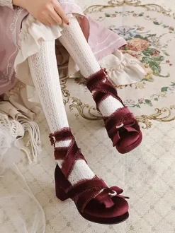 ROCOCO Style Lolita Footwear Black Lace Bows Ruffles Round Toe Nubuck Lolita Shoes