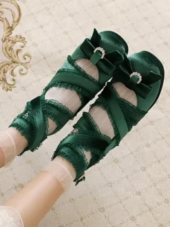 ROCOCO Style Lolita Footwear Black Lace Bows Ruffles Round Toe Nubuck Lolita Shoes