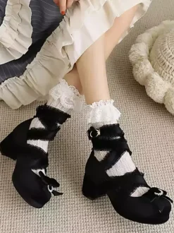 ROCOCO Style Lolita Footwear Black Lace Bows Ruffles Round Toe Nubuck Lolita Shoes
