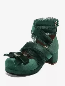 ROCOCO Style Lolita Footwear Black Lace Bows Ruffles Round Toe Nubuck Lolita Shoes