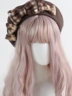 ROCOCO Style Lolita Hat Bows Accessory Plaid Polyester Mahogany Lolita Accessories