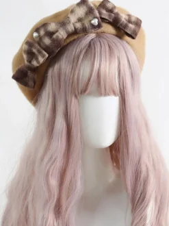 ROCOCO Style Lolita Hat Bows Accessory Plaid Polyester Mahogany Lolita Accessories