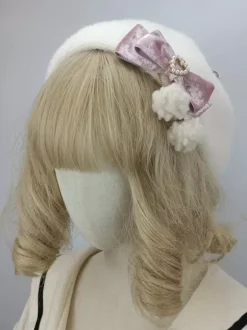 ROCOCO Style Lolita Hat Pink Pom Poms Bows Accessory Color Block Polyester Lolita Accessories
