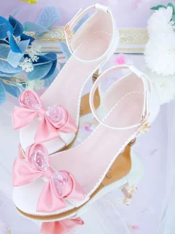 ROCOCO Style Lolita Sandals Bows Pointed Toe PU Leather Pink Lolita Summer Shoes