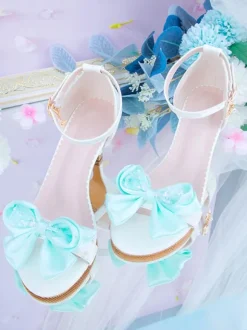 ROCOCO Style Lolita Sandals Bows Pointed Toe PU Leather Pink Lolita Summer Shoes