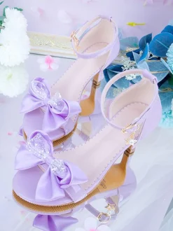 ROCOCO Style Lolita Sandals Bows Pointed Toe PU Leather Pink Lolita Summer Shoes