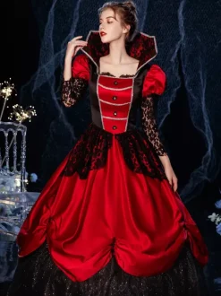 Rococo Victorian Retro Costume Dress Masquerade Semi Sheer Lace Cotton Cosplay Costume Carnival Burgundy
