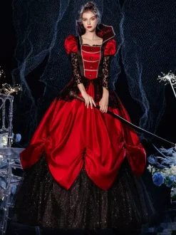 Rococo Victorian Retro Costume Dress Masquerade Semi Sheer Lace Cotton Cosplay Costume Carnival Burgundy