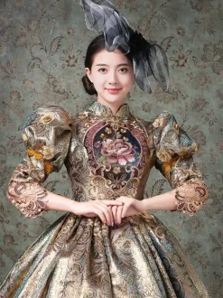 Rococo Victorian Retro Tudor Dress Chinese Style Floral Print Lace 3/4-Length Sleeve Champagne Classical Lolita Dress