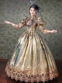 Rococo Victorian Retro Tudor Dress Chinese Style Floral Print Lace 3/4-Length Sleeve Champagne Classical Lolita Dress