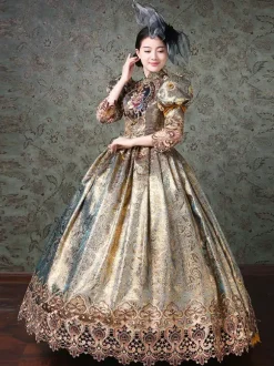 Rococo Victorian Retro Tudor Dress Chinese Style Floral Print Lace 3/4-Length Sleeve Champagne Classical Lolita Dress