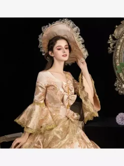 Rococo Victorian Retro Tudor Dress Floral Print Lace 3/4-Length Sleeve Deep Apricot Classical Lolita Dress