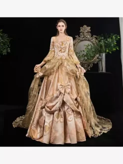 Rococo Victorian Retro Tudor Dress Floral Print Lace 3/4-Length Sleeve Deep Apricot Classical Lolita Dress