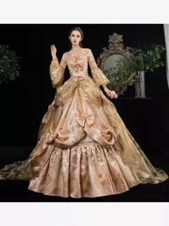Rococo Victorian Retro Tudor Dress Floral Print Lace 3/4-Length Sleeve Deep Apricot Classical Lolita Dress