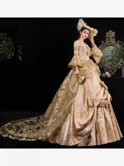 Rococo Victorian Retro Tudor Dress Floral Print Lace 3/4-Length Sleeve Deep Apricot Classical Lolita Dress