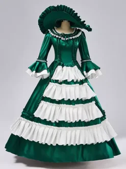 Rococo Women's Dress Vintage Long Sleeve Two-Tone Ruffles Ball Gown