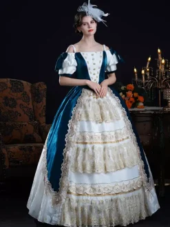 Rococo Women's Dress Vintage Bows Ruffles Color Block Short Sleeve Ball Gown