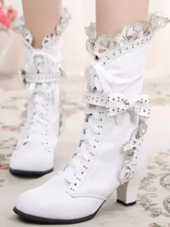 Rococo Lolita Ankle Boots Round Toe Prism Heel Lace Up Bows White Lolita Winter Booties