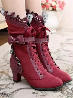 Rococo Lolita Ankle Boots Round Toe Prism Heel Lace Up Bows White Lolita Winter Booties