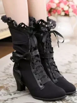 Rococo Lolita Ankle Boots Round Toe Prism Heel Lace Up Bows White Lolita Winter Booties