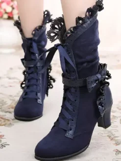 Rococo Lolita Ankle Boots Round Toe Prism Heel Lace Up Bows White Lolita Winter Booties