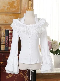 Rococo Lolita Blouse Chiffon Bell Sleeve Lace Ruffles Frills Scoop Neck White Lolita Top