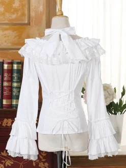 Rococo Lolita Blouse Chiffon Bell Sleeve Lace Ruffles Frills Scoop Neck White Lolita Top