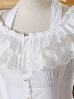 Rococo Lolita Blouse Chiffon Bell Sleeve Lace Ruffles Frills Scoop Neck White Lolita Top