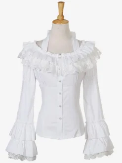 Rococo Lolita Blouse Chiffon Bell Sleeve Lace Ruffles Frills Scoop Neck White Lolita Top