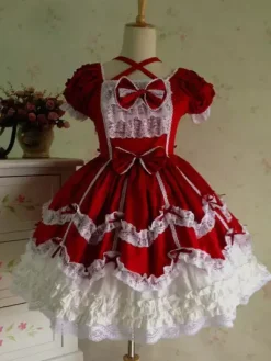 Rococo Lolita Dress JSK Lace Ruffles Bow Decor Pleated Cotton Lolita Jumper Skirt