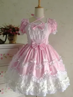 Rococo Lolita Dress JSK Lace Ruffles Bow Decor Pleated Cotton Lolita Jumper Skirt