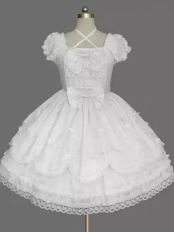 Rococo Lolita Dress JSK Lace Ruffles Bow Decor Pleated Cotton Lolita Jumper Skirt