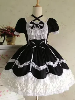 Rococo Lolita Dress JSK Lace Ruffles Bow Decor Pleated Cotton Lolita Jumper Skirt