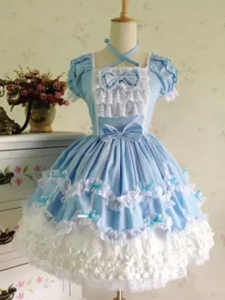 Rococo Lolita Dress JSK Lace Ruffles Bow Decor Pleated Cotton Lolita Jumper Skirt
