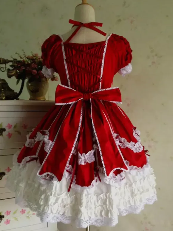 Rococo Lolita Dress JSK Lace Ruffles Bow Decor Pleated Cotton Lolita Jumper Skirt