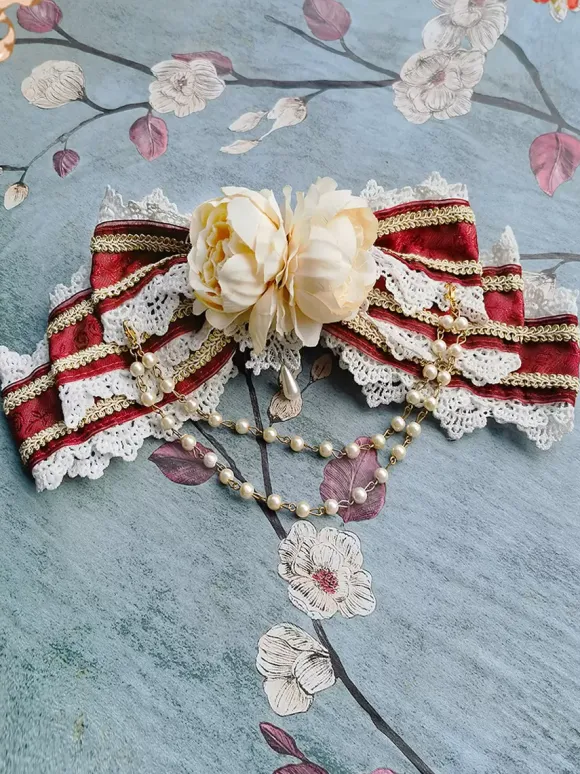 ROCOCO Style Lolita Accessories Infanta Burgundy Lace Bow Bowknot Polyester Miscellaneous