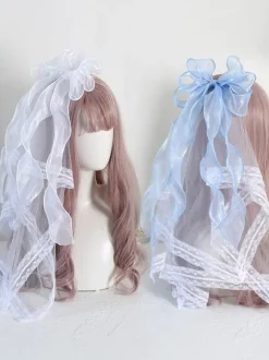 ROCOCO Style Lolita Accessories Light Sky Blue Bows Lace Polyester Fiber Headwear Miscellaneous