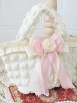 ROCOCO Style Lolita Bag Ecru White Polyester Rose Pattern Bow Polyester Handbag Lolita Accessories
