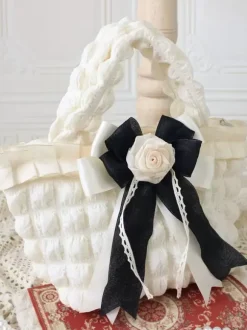 ROCOCO Style Lolita Bag Ecru White Polyester Rose Pattern Bow Polyester Handbag Lolita Accessories