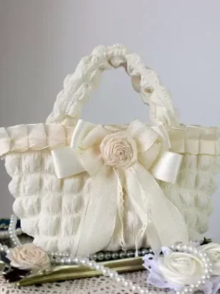 ROCOCO Style Lolita Bag Ecru White Polyester Rose Pattern Bow Polyester Handbag Lolita Accessories