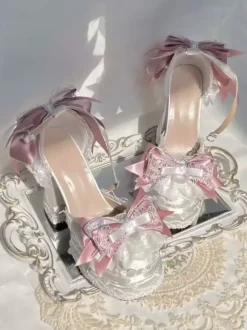 ROCOCO Style Lolita Footwear Ecru White Color Block Bows Lace Ruffles Round Toe Silk And Satin Lolita Shoes