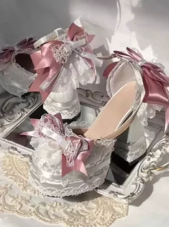 ROCOCO Style Lolita Footwear Ecru White Color Block Bows Lace Ruffles Round Toe Silk And Satin Lolita Shoes