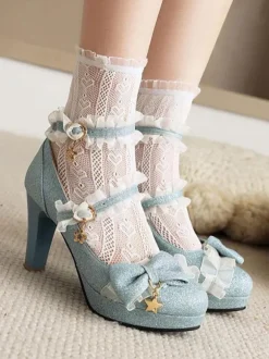 ROCOCO Style Lolita Footwear Light Sky Blue Ruffles PU Leather Chunky Heel Lolita Pumps