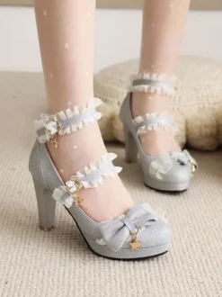 ROCOCO Style Lolita Footwear Light Sky Blue Ruffles PU Leather Chunky Heel Lolita Pumps