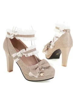 ROCOCO Style Lolita Footwear Light Sky Blue Ruffles PU Leather Chunky Heel Lolita Pumps