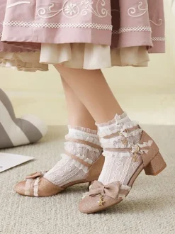 ROCOCO Style Lolita Footwear Light Sky Blue Ruffles PU Leather Chunky Heel Lolita Pumps
